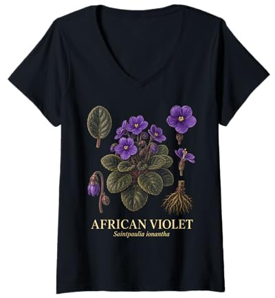 Women's African Violet Saintpaulia Ionantha Vintage Plant Study V-Neck T-Shirt