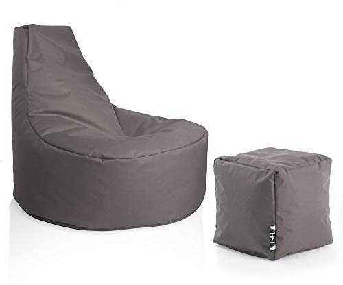 PATCH HOME Gamer Sessel Sitzsack inkl. Würfel Set Ø80cm, 30cm Sitzhöhe, 90cm Höhe + 35x35cm Würfel Anthrazit