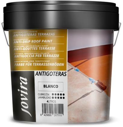 JOVIRA PINTURAS Impermeabilizante Antigoteras, Terraza Antigoteras Caucho Elástica, pintura de terrazas, evita filtraciones en todo tipo de cubiertas y terrazas. (4 Litros, Blanco) A-48
