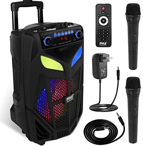 Portable Bluetooth PA Speaker System - 600W 10” Outdoor BT Speaker - Includes 2 Wireless Microphones, Party Lights, USB SD Card Reader, FM Radio, Rolling Wheels - Remote Control - Pyle PPHP101WMB