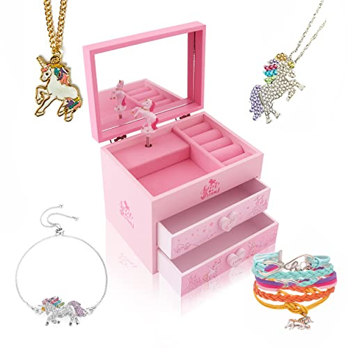 ZOOWING Kids Musical Wooden Jewelry Storage Box Gifts with Unicorn/Princess Ballerina Jewelry Sets-Unicorn4