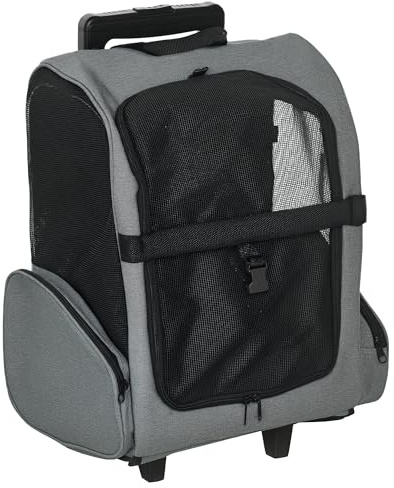 PawHut Transportín Carrito para Mascotas 2 en 1 Mochila de Viaje con 2 Ruedas para Perros Gatos con Asa Retráctil de Aluminio y Bolsillos de Almacenaje 42x25x55 cm Gris