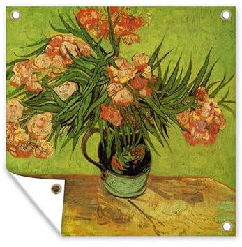 MuchoWow Poster exterieur Nature morte vase avec lauriers roses et livres - Vincent van Gogh Decoration murale 50x50 cm Résistant aux intempéries/soleil