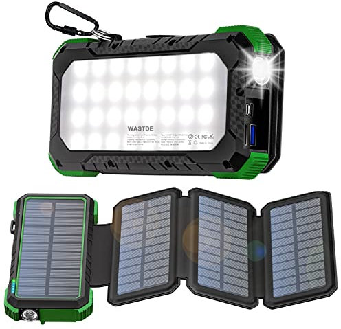 WASTDE Power Bank Solar 26,800 mAh con Panel Solar, Cargador Solar Power Bank USB-C 18W Salida/Entrada Carga Rápida con luz de Camping y luz (SOS), Baterías Externas para Teléfonos Tabletas