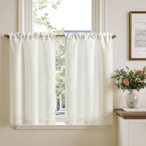 TOPICK Tendine per finestre da bistrò, effetto lino, tenda per finestre, tenda semitrasparente, per cucina, soggiorno, casa di campagna, set da 2 pezzi, 63 x 90 cm, bianco