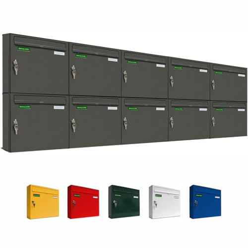 AL Briefkastensysteme Basic 10er Briefkasten DB 703 Eisenglimmer Grau 10 Fach DIN A4 wetterfest Briefkastenanlage mit Posthaltebügel und 2 Namensschildern