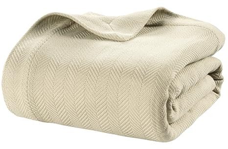 LANE LINEN Queen Size Blanket - 100% Cotton Bed Blanket for All Season Use Herringbone Weave (90x90) - Soft, Cozy & Breathable - Perfect for Master or Guest Bedroom - Oeko-TEX Certified – Tan