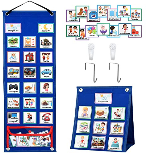 KIKIGOAL Barnkalender, autism, visuellt schema med 70 tyska rutinkort och kardborrprickar, visionstavla, veckoplanerare, för hem och skola, mörkblå, (01-GD06-DE-GM)