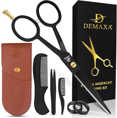 DEMAXA- Tijeras profesionales para bigote de 5 Tijeras para barba para hombres con pinzas inclinadas 1 peine para bigote 1 cepillo
