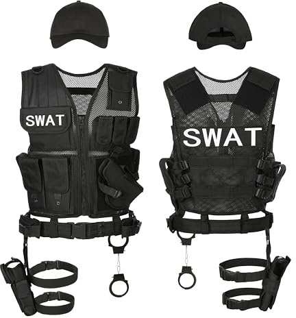 KarneLux Insatsväst 4-i-1 swat, poly, FBI eller UNDERCOVER – kostym för män och kvinnor, inklusive pistolhölster, bälte, handbojor och keps för överlevnad, karneval, karneval eller halloween (XL-XXL)
