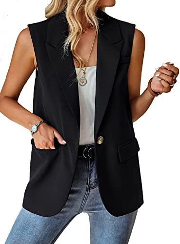 ALSOGO Blazer Damen Ärmellos Weste Sportlich Elegant Einfarbig Blazer Jacke Mantel Geschäft Büro Anzugjacke Revers Offene Vorderseite Freizeit Business Jacke mit Tasche Schwarz L