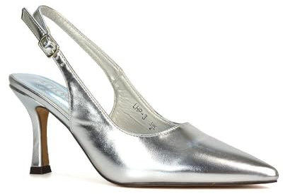 Women's Court Shoes Slingback Ladies Spointed Toe Evening Party Classic Stiletto High Heel Silver Metallic Closed Toe Pumps Size 6