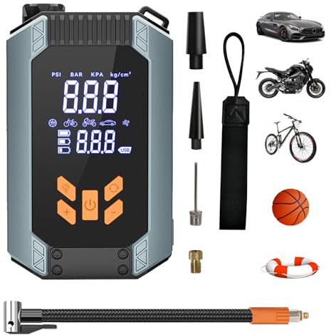Compresor Aire Portatil, 150PSI Inflador Ruedas Coche 4000mAh Recargable Hinchador Electrico para Coches, Motos, Bicicletas y Pelotas, con Pantalla LCD Digital y Linterna LED, como Power Bank