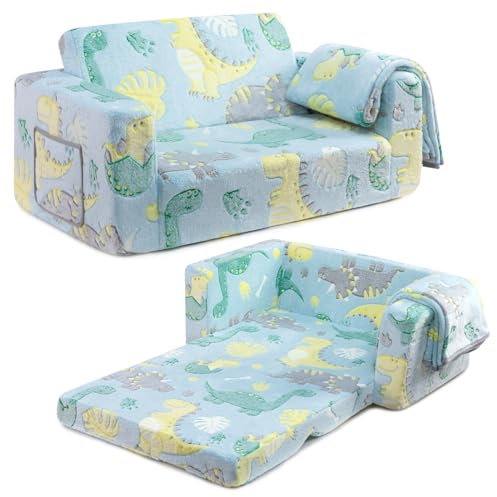 BEJOY BEJOYKindersofa, extra breite 2-in-1-Sherpa-Couch für Kleinkinder, umwandelbar in eine Liege für Mädchen und Jungen, leuchtender Dinosaurier, ausklappbar
