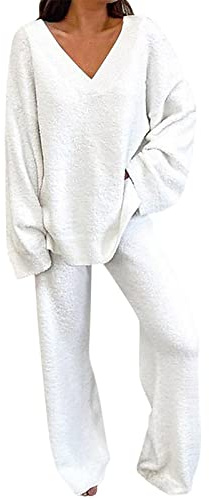 Conjunto de punto para mujer de dos piezas de talla grande - Traje de ocio de invierno de manga larga para mujer - Jogging de algodón de pierna ancha, ropa de estar por casa, conjunto de pantalón