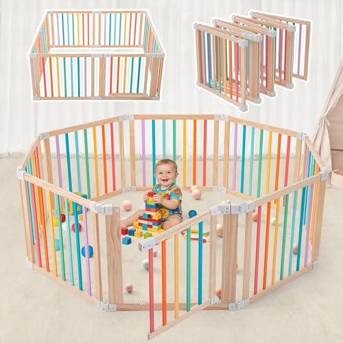 Foldable Wooden Playpen-61x61x25in-Large Baby Gate Playpen with Child-Proof Lock-Easy Assembly, Portable Design for Babies & Toddlers- Shape& Size Adjustable Baby Fence Play Area (Multicolor, 8 Panel)