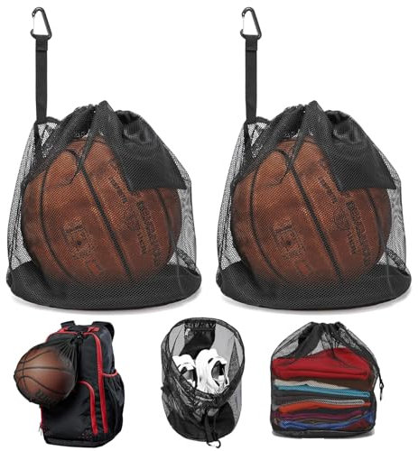 ZYEKIU 2 Stück Schwarz Ballnetz Kann 1 Ball Halten, Ballsack mit Karabiner Sowie Kordelzug, Tragbare Sportrucksack mit Reißverschlusstasche, für Basketball Fussball Handball Volleyball Rugby-Bälle