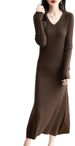Ciovkis Women's Merino Wool Blend Sweater Dress 2025 Fall Winter V-Neck Long Sleeve Ribbed Cocktail Bodycon Knit Maxi Dress (Coffee,XL)