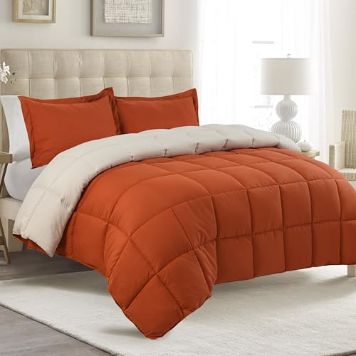 HIG 3 Pieces Terracotta Coverless Duvet King - 240 x 220cm - Cassette Box Construction - Corner Duvet Tabs - Solid Reversible 10.5 Tog Comfort with 2 Shams