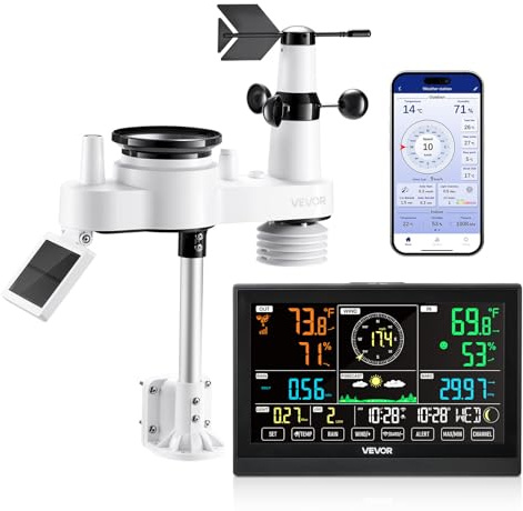 VEVOR Stazione Meteorologica Wi-Fi con APP, Display VA da 190 mm, Sensore Esterno Wireless Alimentato a Energia Solare, Pluviometro, per Interni ed Esterni per Previsioni del Tempo Temperatura