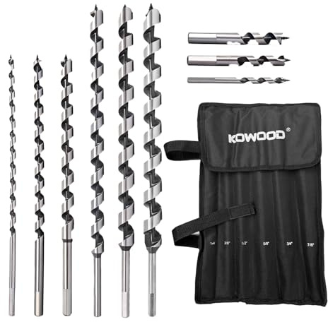 9Pcs Long Auger Drill Bit Set for Wood, 1/4-7/8 Hex Shank Ship Auger Drill Bit for Soft and Hard Wood, Plastic, Drywall and Composite Materials(16/12/4)