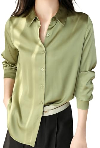 Generisch 2025 Chemisier Femme Chemise Satin Soie Chemise Boutonnée Décontractée Lâche Manches Longues Travail Bureau Longue Edition Blouse Été Femme Blouse Longue, vert, XXL