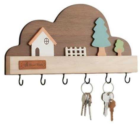 Rieoany Key Holder for Wall Self Adhesive, Wooden Key Rack with 6 Hooks, Key Hanger Wall Mounted for Entryway, Natural and Black