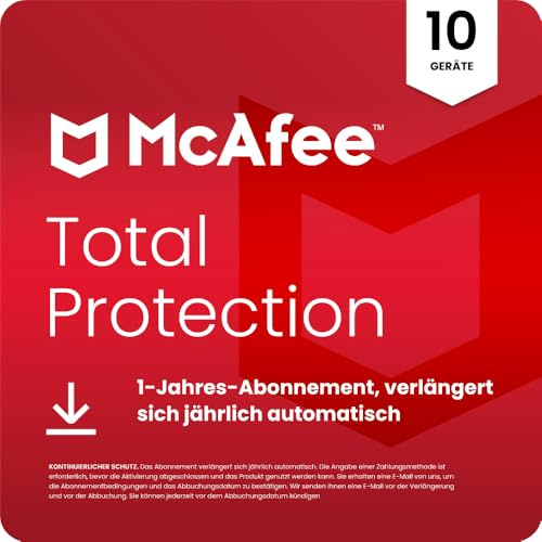 McAfee Total Protection 2026 (10 Geräte) | Virenschutz, VPN, Betrugsschutz, Sicherheitssoftware, Identitätsüberwachung | 1-Jahres-Abonnement mit automatischer Verlängerung | Download