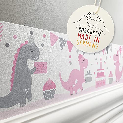 lovely label Bordüre selbstklebend DINO PARTY ROSA GRAU - Wandbordüre Kinderzimmer Babyzimmer mit Dinosaurier - Wandtattoo Schlafzimmer Mädchen – Wanddeko Baby Kinder