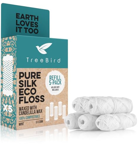 TreeBird Pure Silk Eco Floss Refills | Pack of 5 x 33yd Silk Dental Floss Spools | Waxed with Candelilla Wax | Mint
