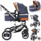 Kombi Kinderwagen 2in1 Bambimo mit Alu-Rahmen - Klick System - 4 Reifen zum abnehmen - mit extra großem Einkaufskorb - 2in1 Sportsitz - Babywanne Platzsparend (Blau mit Raster)