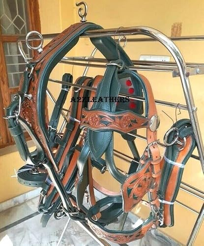 SHOWMEN CRAFT Designer Natural Green Color Leather Carved Driving Harness for Single Horse Cart in 4 Size (Full)
