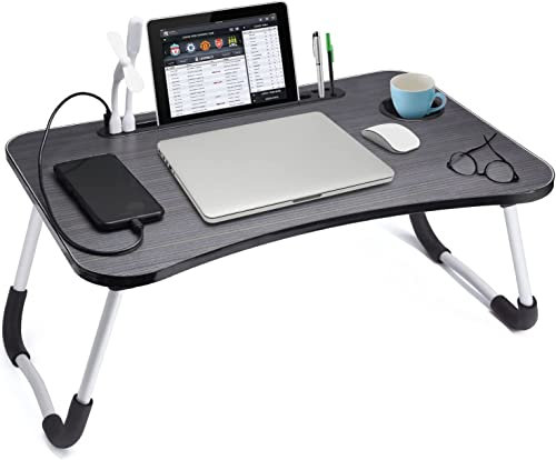 Laptop Desk & Stand, Folding Bed Table For Working From Home and Studying, Small Portable & Foldable Lap Trays With Tablet and Cup Holder, Overbed Adjustable Desks & Tables For Eating and Working