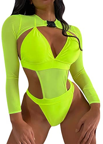 Women's Rave Outfits 2 Piece Cutout Bathing Suit Swimsuit Monokini Bodysuit Long Sleeve Shrug Crop Top Festival Holiday Clothes Fluorescent Green XL