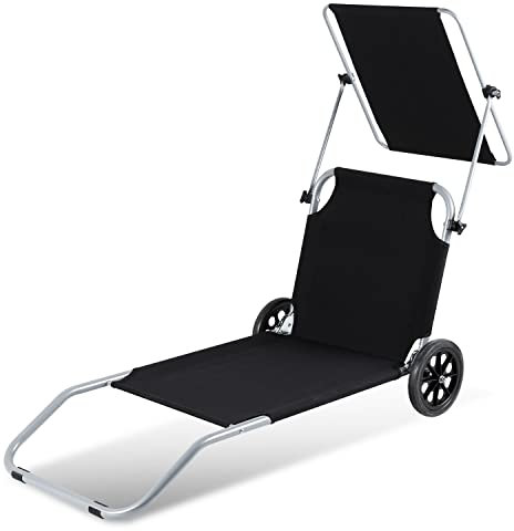 Izrielar Tumbona de jardín, tumbona de playa plegable con protección solar, 2 ruedas, tumbona de camping plegable, con ruedas, respaldo ajustable, color negro