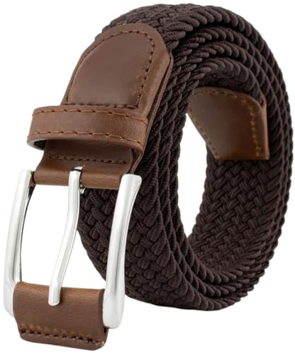 BOZEVON Elastiskt Flätat Bälte Läder Stretch Flätat Bälte Legering Spänne Unisex Män Kvinnor Expandierbar Midjebälte Brun