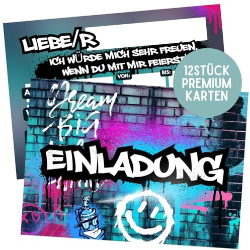 ZETTMANN® 12 Premium Einladungskarten Kindergeburtstag für Junge & Geburtstagseinladungen Mädchen - 300 g/m² Partyeinladungen sehr gut beschreibbar (Graffiti)