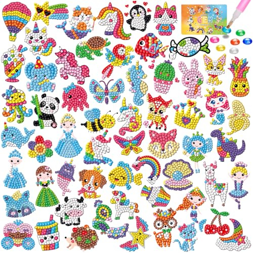 Diamantmålningsklistermärken, CAYUDEN 60 st Diamantklistermärken Barn Djur DIY Craft Diamond Arts Stickers Kit 5D Diamond Dots Cartoon Mosaic Stickers Gem Arts and Crafts Kit för barn 6 7 8 9 10 12