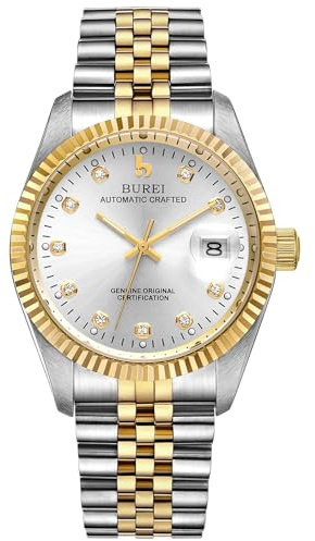 BUREI Herrklocka automatisk mekanisk armbandsur Apphire glas rostfritt stål klocka för män med automatiskt datum, silver och guld, armband