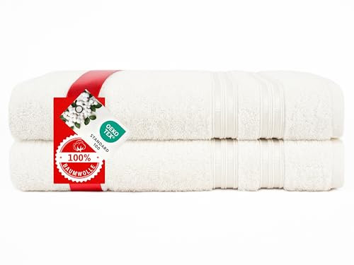 Hammetex 2er Badetücher Set, 100% Baumwolle Premium Qualität Groß 70x140cm Duschtücher, Weich Saugstark Schnell Trocknendes Badetücher, Creme