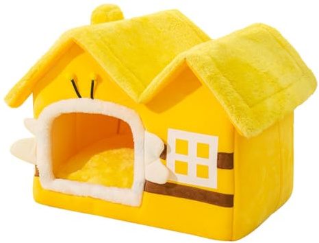 Cute Bee Pet Nest Luxury Double Roof Indoor Dog House Winter Cat Nest Foldable Warm Soft Kennel Cozy Cat House with Removable Cushion Pillow and Non-Slip Bottom (Yellow, L:19.3 * 15.4 * 18.1IN)