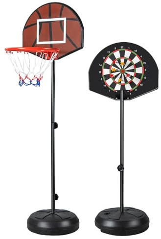 GOPLUS Panier de Basket-Ball avec Cible de Fléchettes et 6 Fléchettes, Hauteur Réglable 130-180 cm, Base Remplissable, Panier de Basket pour Intérieur et Extérieur, Adapté aux Enfants de 8 Ans+