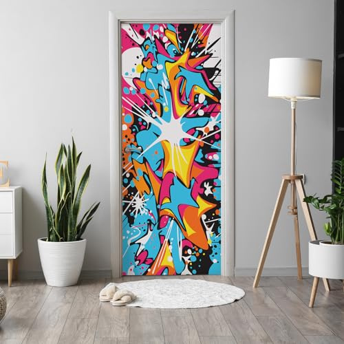Alwayspon 200x76cm Graffiti Art Self-Adhesive Door Mural Sticker, Vinyl Peel and Stick Door Wraps, Waterproof Removable Door Poster Decals for Bedroom Home Wall Decoration