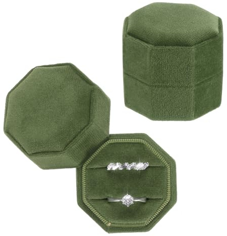 PATIKIL 2 Scatole Portaanelli Ottagonali in Velluto Vintage Con 2 Slot, Confezione da 2 Eleganti Portagioie Matrimonio Lui e Lei Per Fidanzamento Proposta Cerimonia, Verde Oliva Scuro