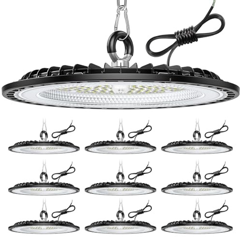 Tallflly 10-pack 300 W LED garagebelysning 45 000 LM, LED-arbetsljus 6000 K kyligt vitt, IP65 vattentät UFO högt takljus för fabriker, lager, verkstad