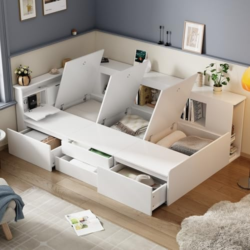 Zepneiy Lit Enfant avec tiroirs et bibliothèque, Lit Simple 90x200 cm avec Armoire de Rangement et sommier à Lattes, Crade de Blanc (sans Matelas)