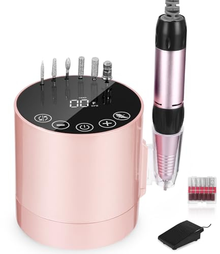 Professionell nagelsvarv 35 000 RPM, elektrisk nagelfil med pedal och 6 borrar, justerbar hastighet, professionell elektrisk manikyr och pedikyr för gör-det-själv-salong, rosa.