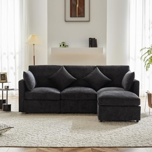 MSMOK Sofá de tela de chenilla de diseño moderno, sofá de tres plazas, sofá de salón, sofá de esquina en forma de L con reposapiés, adecuado para apartamentos, vídeo disponible (gris + chenilla + 3