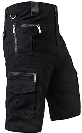 Mens Cargo Shorts 3/4 Length Cotton Combat Trousers with Zip Pockets Utility Work Shorts Outdoor Stretch Hiking Walking Long Short Below Knee Summer Half Pants for Tactical Climbing Safari Fishing