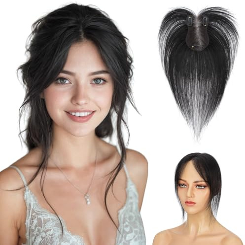 Hairro Human Hair Toppers For Women No Bang Middle Part Side Bangs Hair Clip Wispy Thin Short Wiglet Hairpieces 11 Inches 14g #1B Natural Black
